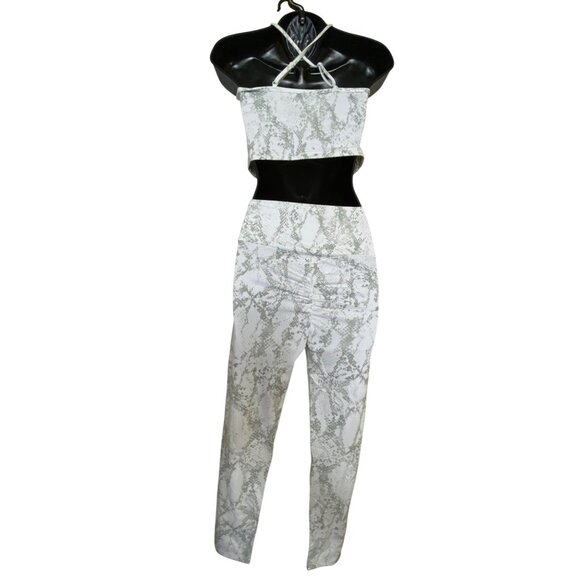 White Snake Print Two-Piece Set - Crop Top & High-Waisted Leggings Size Large - Picture 5 of 7